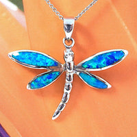 Stunning Hawaiian Large Blue Opal Dragonfly Necklace and Earring, Sterling Silver Opal Dragonfly Pendant N6147S Birthday Valentine Mom Gift
