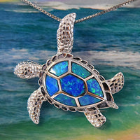 Gorgeous Large Hawaiian Sea Turtle Earring and Necklace, Sterling Silver Blue Opal Turtle Pendant, N6023S Birthday Mom Wife Valentine Gift