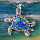 Gorgeous Large Hawaiian Sea Turtle Necklace, Sterling Silver Blue Opal Turtle Pendant, N6023 Birthday Mom Wife Valentine Gift, Statement PC