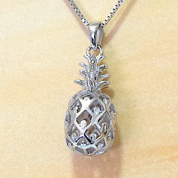 Pineapple Pendant, Sterling Silver Hawaiian Pineapple Pendant Necklace, 3 Dimensional,  N2026 Birthday Anniversary Mom Wife Girl Gift
