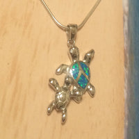 Beautiful Hawaiian Mom & Baby Turtle Anklet or Bracelet, Sterling Silver Blue Opal 2 Sea Turtle Charm Bracelet, A6157 Birthday Mom Wife Gift