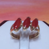 Unique Hawaiian Genuine Red Coral Ring, 14KT Solid Yellow-Gold 3 Red Coral Marquise-Shape Ring, R1362 Statement PC, Birthday Mom Wife Gift
