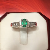 Gorgeous Hawaiian Genuine Green Emerald Diamond Ring, 14KT Solid White-Gold Emerald Oval-Cut Diamond Ring, R1442 Birthday Gift, Statement PC