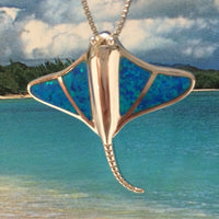 Stunning Hawaiian Large Blue Opal Stingray Necklace, Sterling Silver Blue Opal Sting Ray Pendant, N6153 Birthday Valentine Wife Mom Gift