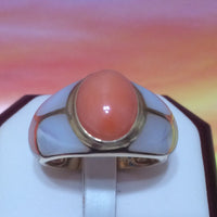 Stunning Unique Hawaiian Large Genuine Pink Coral Ring, 14KT Solid White-Gold Pink Coral White Mother of Pearl Ring, R1358 Statement PC