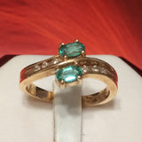 Elegant Hawaiian Genuine Green Emerald Diamond Ring, 14KT Solid Yellow-Gold 2 Emerald Oval-Cut Diamond Ring, R1440 Statement PC