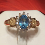 Stunning Hawaiian Genuine Blue Topaz Diamond Ring, 14KT Solid Yellow-Gold Blue Topaz Diamond Ring, R1460 Birthday Mom Gift, Statement PC