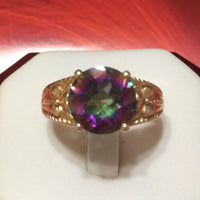 Beautiful Hawaiian Genuine Rainbow Mystic Topaz Ring, 14KT Solid Yellow-Gold Mystic Topaz Round-Cut Ring, R1465 Birthday Mom Gift, Statement