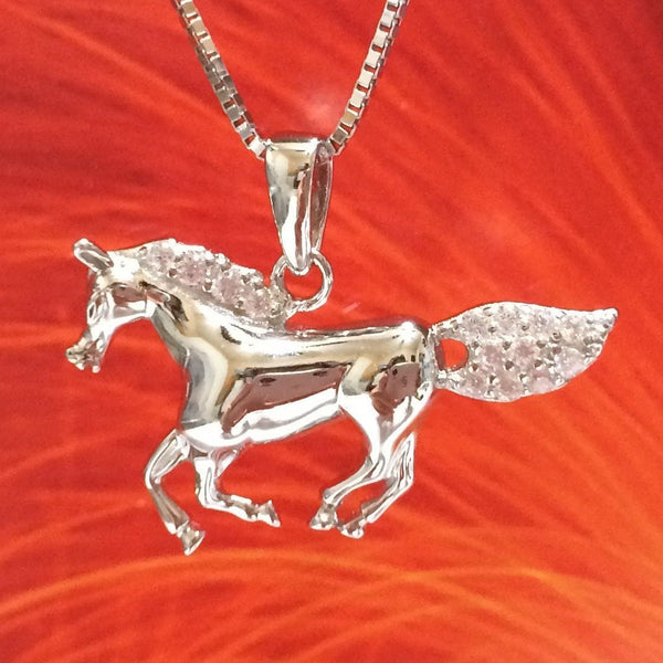 Unique Texan Running Horse Necklace, Sterling Silver Horse Clear CZ Pendant, N2766 Rodeo Horse Race, Birthday Anniversary Mom Valentine Gift