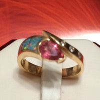 Gorgeous Hawaiian Genuine Pink Sapphire Opal Diamond Ring, 14KT Solid Yellow-Gold Pink Sapphire Australian Opal Diamond Ring, R1540