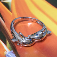 Gorgeous Hawaiian Large 2 Dolphin Ring, Sterling Silver 2 Dolphin Blue CZ Eye Adjustable Ring, R2355 Statement PC, Birthday Mom Gift