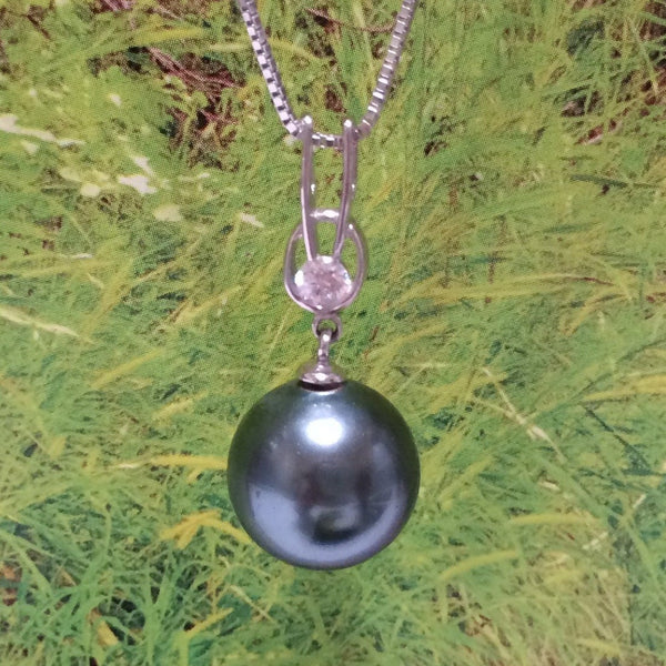 Unique Beautiful Hawaiian Black Shell Pearl Necklace, Sterling Silver Black Shell Pearl CZ Pendant, N2916 Birthday Mom Wife Valentine Gift