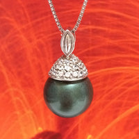 Unique Gorgeous Hawaiian Large Black Shell Pearl Necklace, Sterling Silver Black Shell Pearl CZ Pendant, N2919 Birthday Mom Valentine Gift