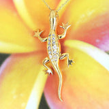 Unique Hawaiian Large Gecko Necklace, Sterling Silver Yellow-Gold Plated Gecko CZ Pendant, N2585 Birthday Mom Wife Valentine Gift