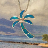 Beautiful Hawaiian Blue Opal Palm Tree Necklace, Sterling Silver Blue Opal Palm Tree Pendant, N6013 Birthday Valentine Mom Gift