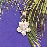 Pretty Small Hawaiian Plumeria Pendant, 14KT Solid White-Gold Plumeria Flower CZ Charm, P5204 Valentine Birthday Mom Wife Gift, Island