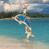 Beautiful Hawaiian Large Mom & Baby Dolphin Necklace and Earring, Sterling Silver Blue Opal Dolphin Family Pendant, N6150S Birthday Mom Gift