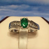 Gorgeous Hawaiian Genuine Green Emerald Diamond Ring, 14KT Solid White-Gold Emerald Oval-Cut Diamond Ring, R1441 Birthday Gift, Statement PC