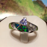 Unique Hawaiian Genuine Tanzanite Opal Diamond Ring, 14KT Solid White-Gold Tanzanite Australian Opal Diamond Ring, R1537 Statement PC