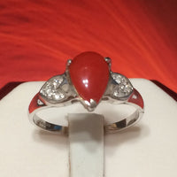 Unique Hawaiian Genuine Red Coral Diamond Ring, 14KT Solid White-Gold Red Coral Pear-Shape Diamond Ring, R1410 Statement PC, Birthday Gift