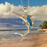 Unique Gorgeous Hawaiian X-Large Blue Opal Marlin Necklace, Sterling Silver Opal Marlin Fish Pendant, N6152 Birthday Mom Gift, Statement PC