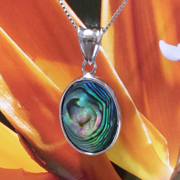 Beautiful Hawaiian Genuine Paua Shell Necklace, Sterling Silver Abalone MOP Oval-Shape Pendant N8029 Birthday Mom Valentine Gift