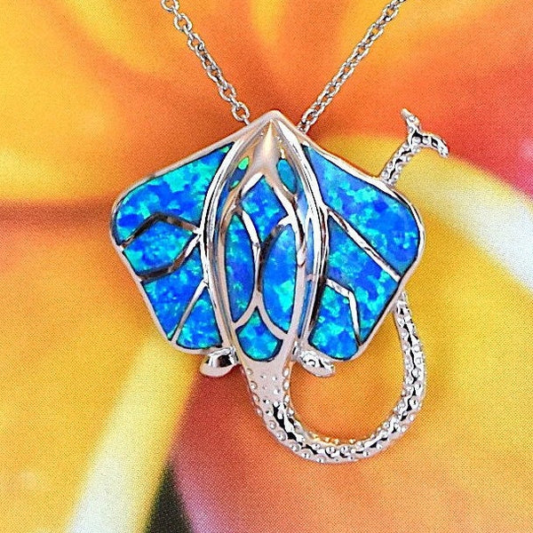 Unique Stunning Hawaiian Blue Opal Stingray Necklace, Sterling Silver Blue Opal Sting Ray Pendant, N2164 Birthday Mom Wife Valentine Gift