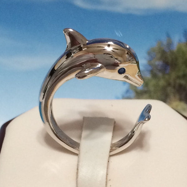 Unique Beautiful Large Hawaiian Dolphin Ring, Sterling Silver Dolphin Blue CZ Eye Ring, R2356 Statement PC, Birthday Mom Valentine Gift