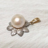Beautiful Hawaiian Genuine Diamond White Pearl Pendant, 14KT Solid Yellow-Gold White Pearl Diamond Pendant P5141 Birthday Mom Valentine Gift