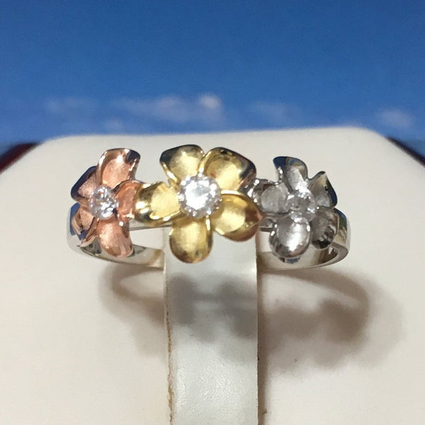 Beautiful Hawaiian Tri-color Plumeria Ring, Past Present & Future, Sterling Silver 3 Plumeria Flower CZ Ring, R1021A Birthday Valentine Gift