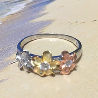 Beautiful Hawaiian Tri-color Plumeria Ring, Past Present & Future, Sterling Silver 3 Plumeria Flower CZ Ring, R1021A Birthday Valentine Gift