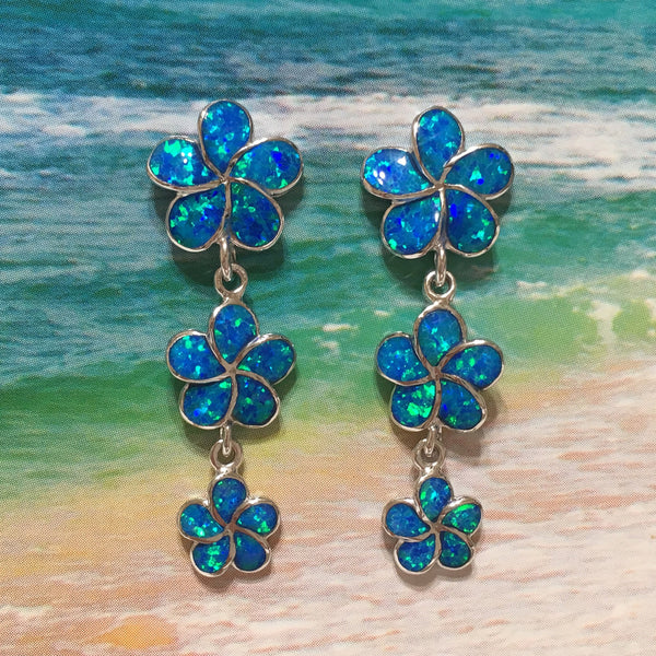 Gorgeous Hawaiian Large Blue Opal Plumeria Earring, Past Present & Future, Sterling Silver Blue Opal 3 Plumeria Dangle Earring, E4084A