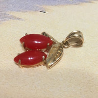 Unique Hawaiian Genuine 2 Red Coral Pendant, 14KT Solid Yellow-Gold Red Coral Maile Leaf Pendant P5339 Valentine Birthday Gift, Statement PC