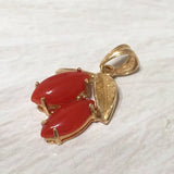 Unique Hawaiian Genuine 2 Red Coral Pendant, 14KT Solid Yellow-Gold Red Coral Maile Leaf Pendant P5339 Valentine Birthday Gift, Statement PC