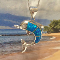 Gorgeous Hawaiian Large Blue Opal Dolphin Necklace, Sterling Silver Blue Opal Dolphin Pendant, N6030 Birthday Valentine Mom Gift