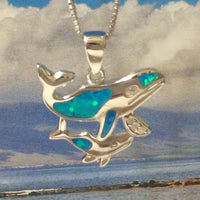 Beautiful Hawaiian Mom & Baby Humpback Whale Necklace and Earring, Sterling Silver Blue Opal Whale Pendant N6151S Birthday Mom Gift