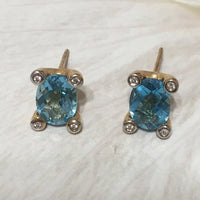 Unique Hawaiian Genuine Blue Topaz Earring, 14KT Solid Yellow-Gold Oval-Cut Blue Topaz Diamond Stud Earring, E5454 Statement PC