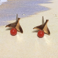Unique Hawaiian Genuine Red Coral Whale Tail Earring, 14KT Solid Yellow-Gold Red Coral Whale Tail Stud Earring, E5492 Birthday Mom Wife Gift