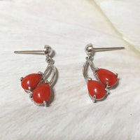 Stunning Hawaiian Genuine Red Coral Rain Drop Earring, 14KT Solid White-Gold Red Coral Dangle Earring, E5501 Birthday Mom Gift, Statement PC