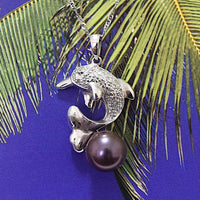Gorgeous Hawaiian Large Genuine Black Pearl Dolphin Pendant, 14KT Solid White-Gold Black Pearl Diamond Pendant, P5045 Birthday Mom Gift