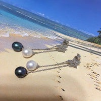 Unique Hawaiian Large Genuine Black & White Pearl Earring, 14KT Solid White-Gold 2 Pearl Diamond Star Dangle Earring, E5563 Statement PC