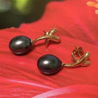 Unique Stunning Hawaiian Genuine Black Pearl Earring, 14KT Solid Yellow-Gold Black Pearl Dangle Earring E5540 Birthday Gift, Statement PC