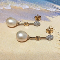 Unique Beautiful Hawaiian Genuine Diamond White Pearl Earring, 14KT Solid Yellow-Gold White Pearl Diamond Dangle Earring, E5577 Mom Gift