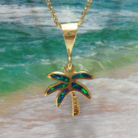 Unique Pretty Hawaiian Opal Palm Tree Necklace, Sterling Silver Yellow-Gold Plated Opal Palm Tree Pendant, N8003 Birthday Mom Gift
