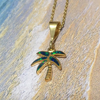 Unique Pretty Hawaiian Opal Palm Tree Necklace, Sterling Silver Yellow-Gold Plated Opal Palm Tree Pendant, N8003 Birthday Mom Gift