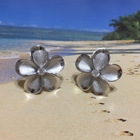 Gorgeous Hawaiian Large Plumeria Earring, Sterling Silver Plumeria Flower CZ Stud Earring, E4027 Birthday Wife Mom Valentine Gift, Statement