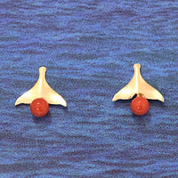Unique Hawaiian Genuine Red Coral Whale Tail Earring, 14KT Solid Yellow-Gold Red Coral Whale Tail Stud Earring, E5492 Birthday Mom Wife Gift