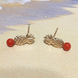 Unique Hawaiian Genuine Red Coral Pineapple Earring, 14KT Solid Yellow-Gold Red Coral Pineapple Stud Earring, E5490 Birthday Mom Gift