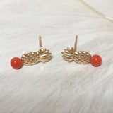 Unique Hawaiian Genuine Red Coral Pineapple Earring, 14KT Solid Yellow-Gold Red Coral Pineapple Stud Earring, E5490 Birthday Mom Gift
