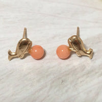 Unique Pretty Hawaiian Genuine Pink Coral Whale Earring, 14KT Solid Yellow-Gold Pink Coral Baby Whale Stud Earring, E5505 Birthday Gift